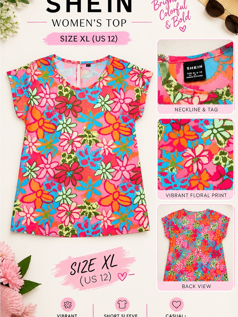 SHEIN Bright Pink Floral Short Sleeve Tee with Multicolor Flowers